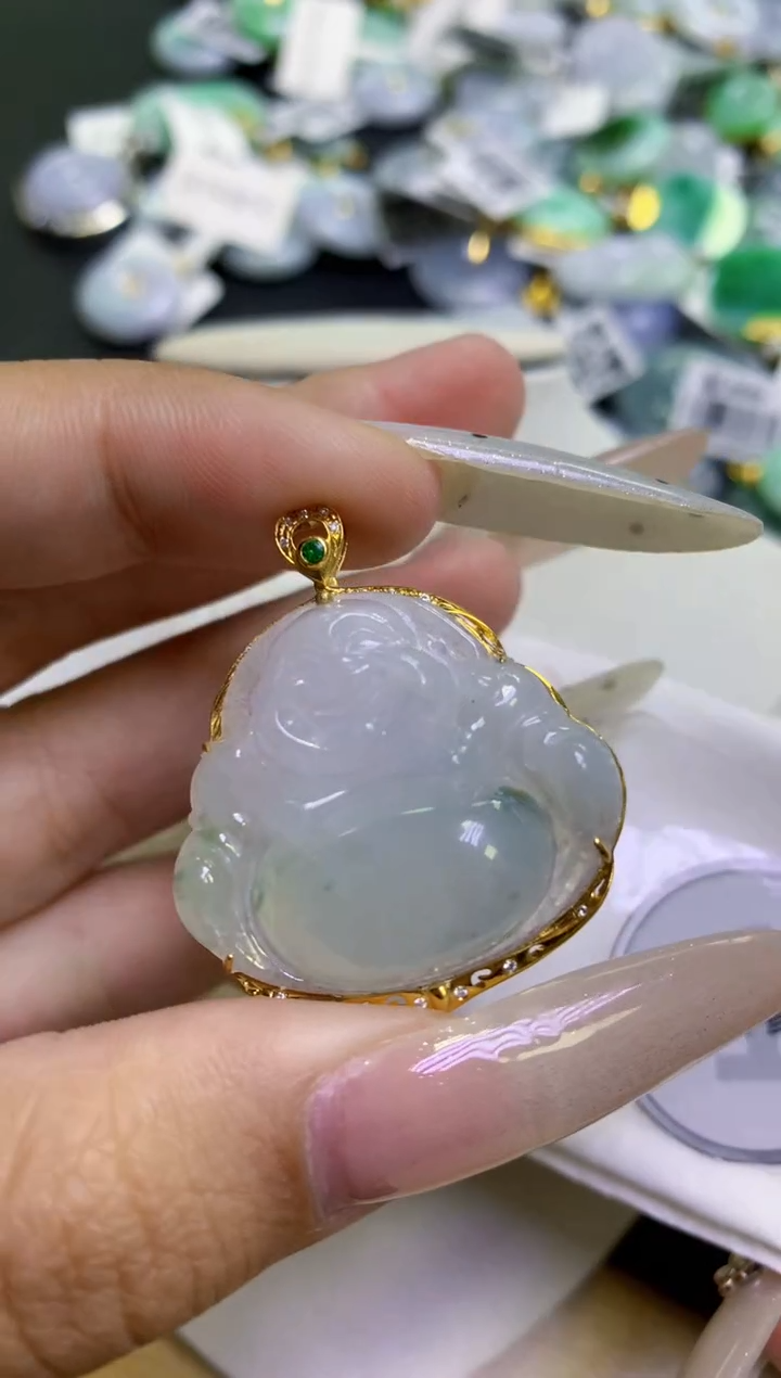 颈饰18K金镶嵌翡翠天然缅甸翡翠A货百元以上9元证书费自理