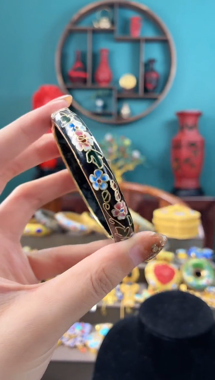 非遗手工景泰蓝碎花开口镯子57-63黑色
