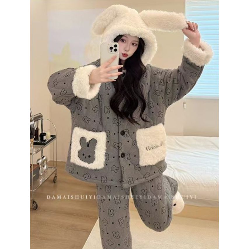 巨保暖【深灰米菲】2025年冬季睡衣女夹棉三层加厚保暖家居服