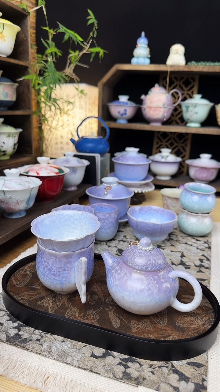 我****~结晶釉壶+蝴蝶杯+小花口杯+蓝色手提包