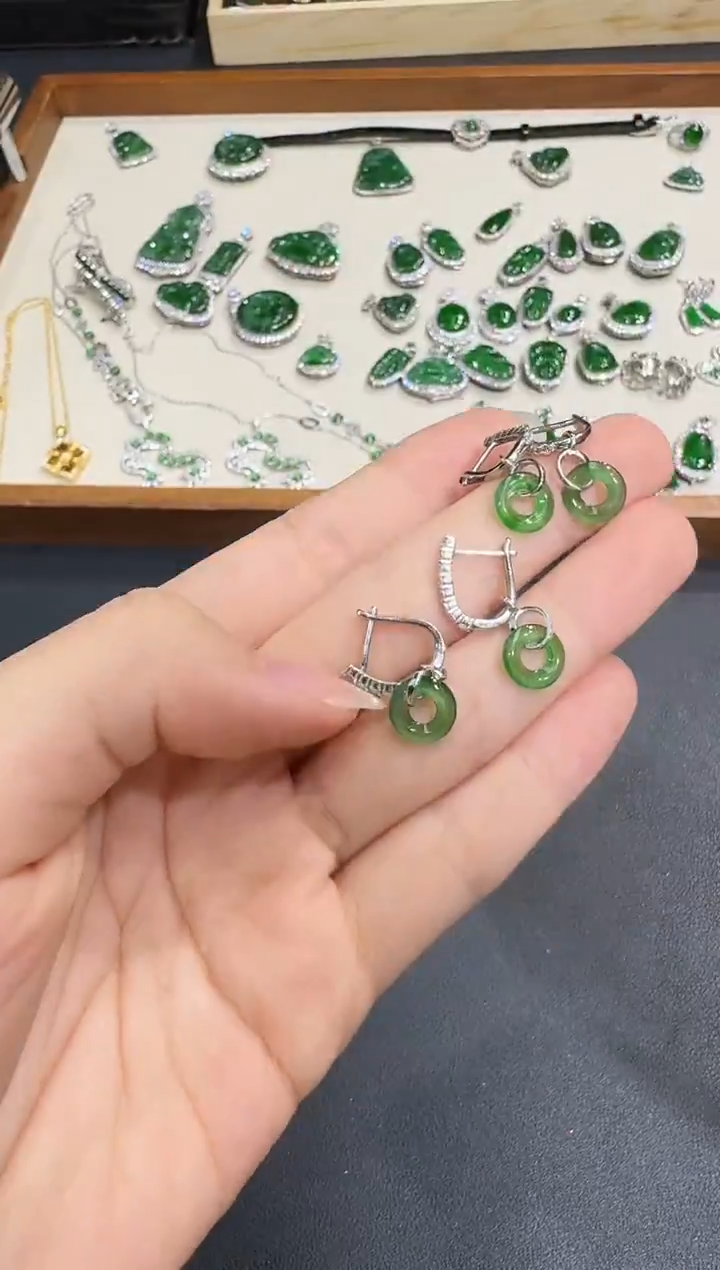 银S925镶嵌翡翠耳饰X1202-886-101多样性一对