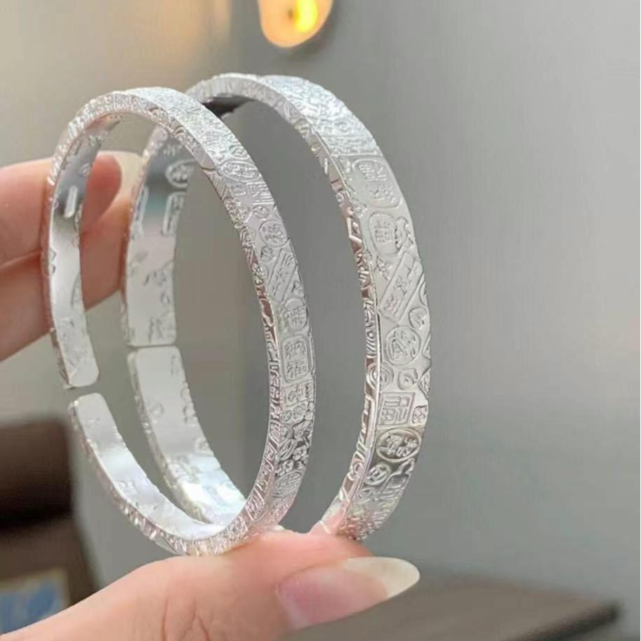 鹿怡 足银手镯 999.9男士50克吉言浮雕开口实心国风手镯