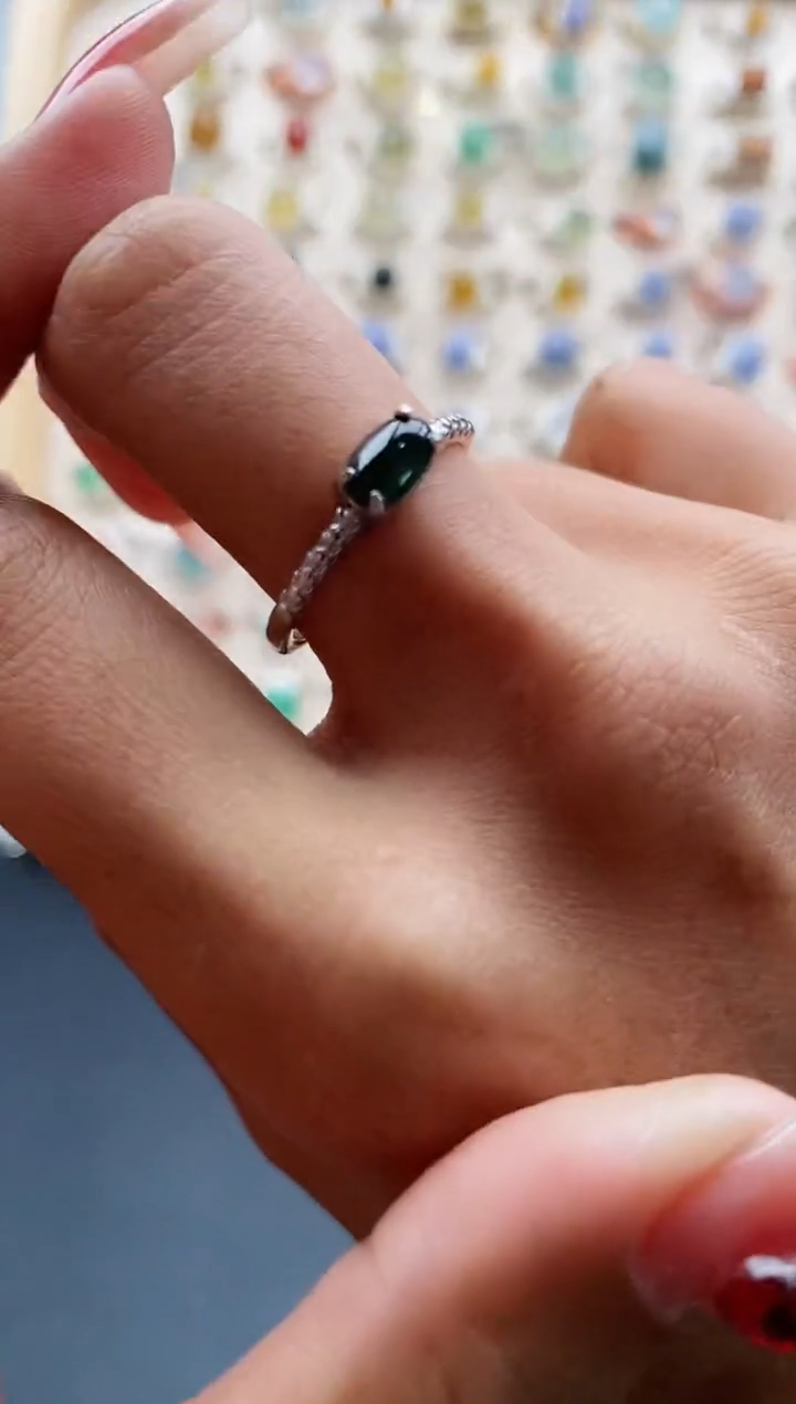 【闪购商品】翡翠戒指银S925镶嵌缅甸天然A货翡翠222 3+10