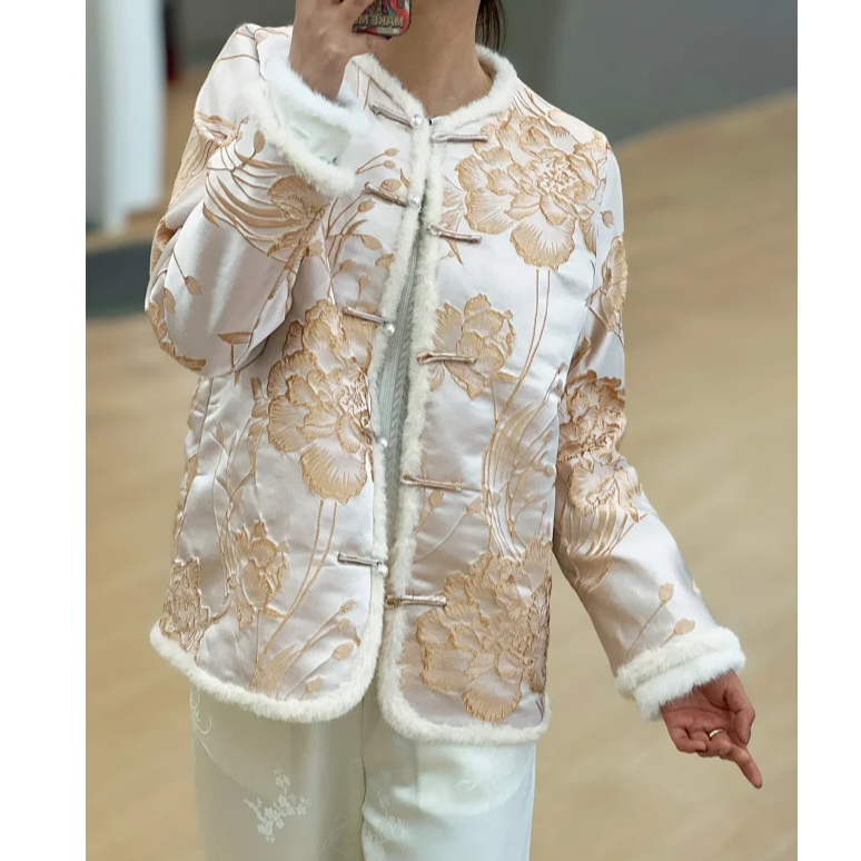 【刘家】国风牡丹花立体刺绣毛边盘扣外套