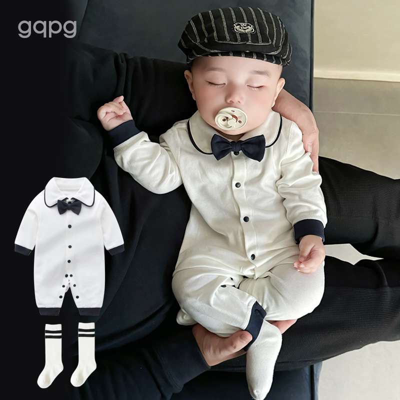 婴儿满月服百天衣服日宴男宝宝一岁绅士礼服纯棉周岁连体衣春秋装