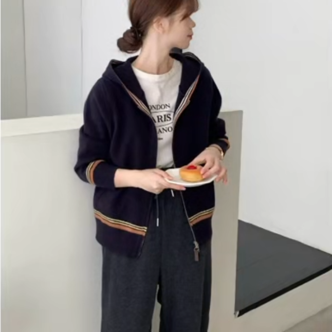 新新定制-连帽双拉链双口袋款撞色休闲通勤针织开衫473335