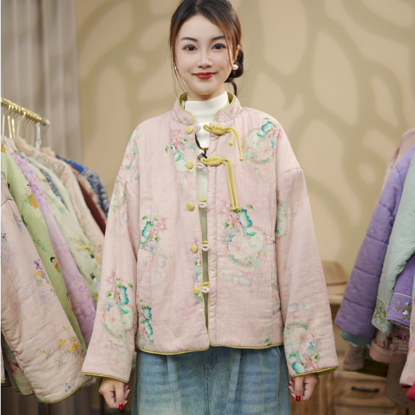 【青婉】100棉 双面双穿 冬款女装 外套双盘扣加厚保暖棉服 衣长65