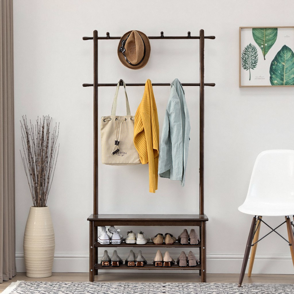客厅简约木质工艺玄关支架结构收纳置物架单杠衣帽架