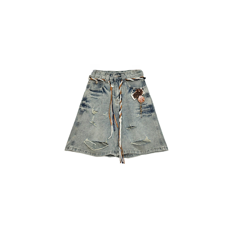 南油小众设计师新品彩色编织腰带破洞牛仔五分裤12370