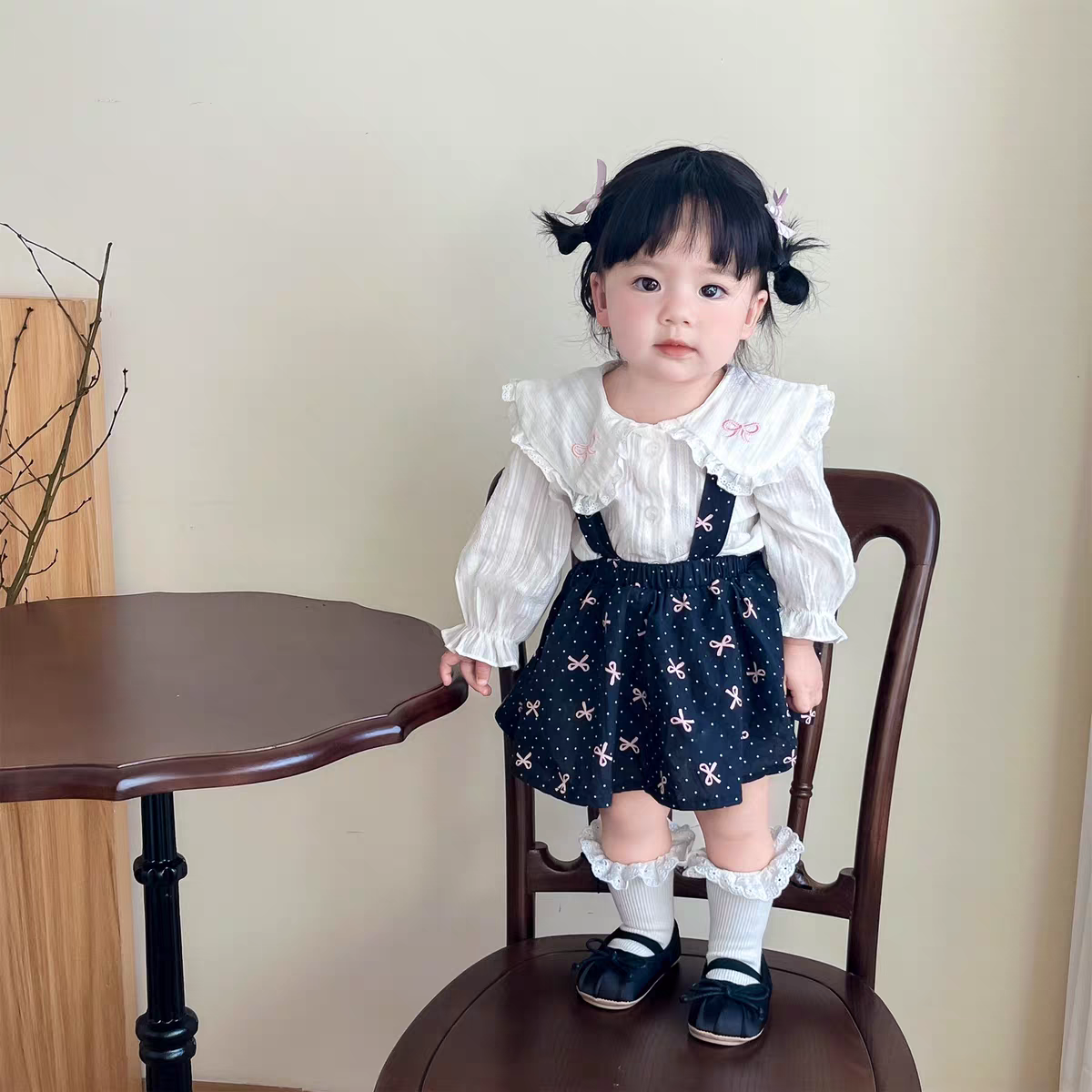 女宝宝包屁裙套装秋装新款女童甜美背带裙裤翻领衬衫洋气两件套