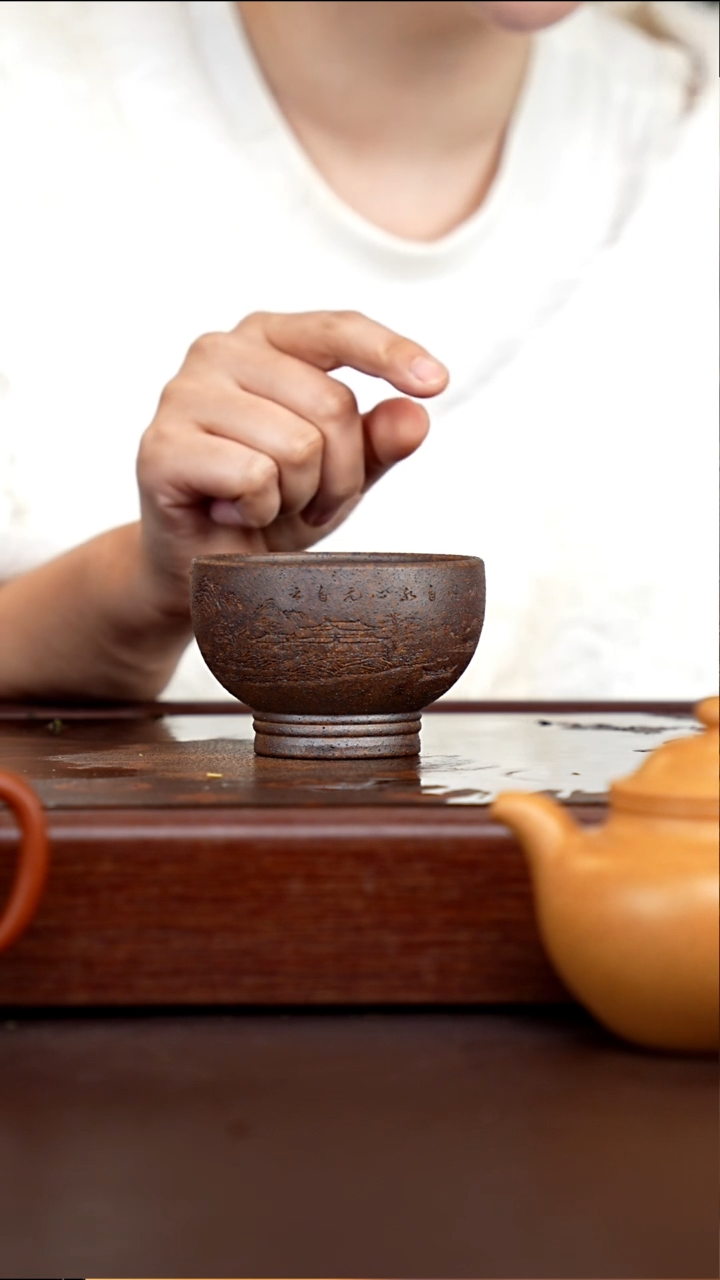 茶壶紫砂柴烧黄金段刻绘富足杯