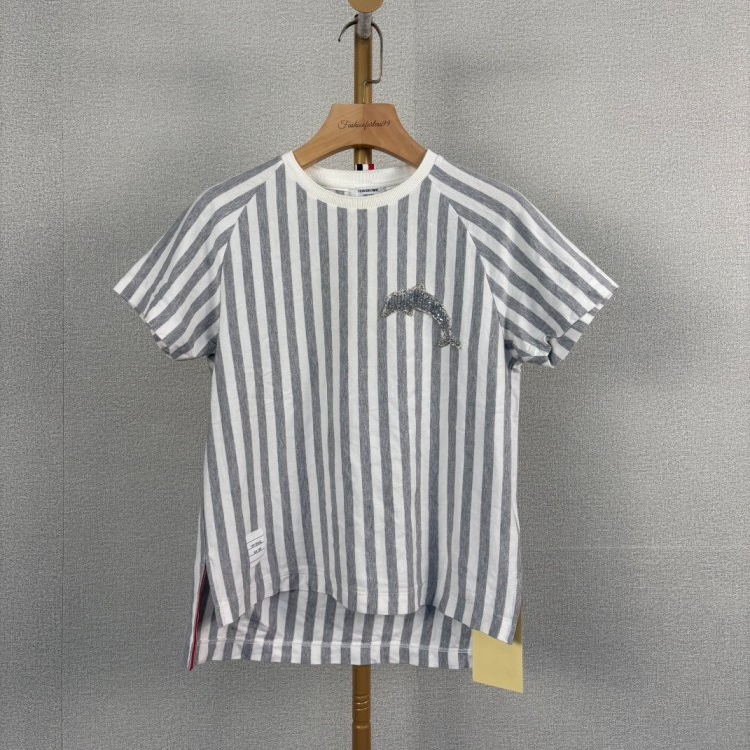 未使用 THOMBROWNE Thom Browne 海豚条纹短袖 灰白38