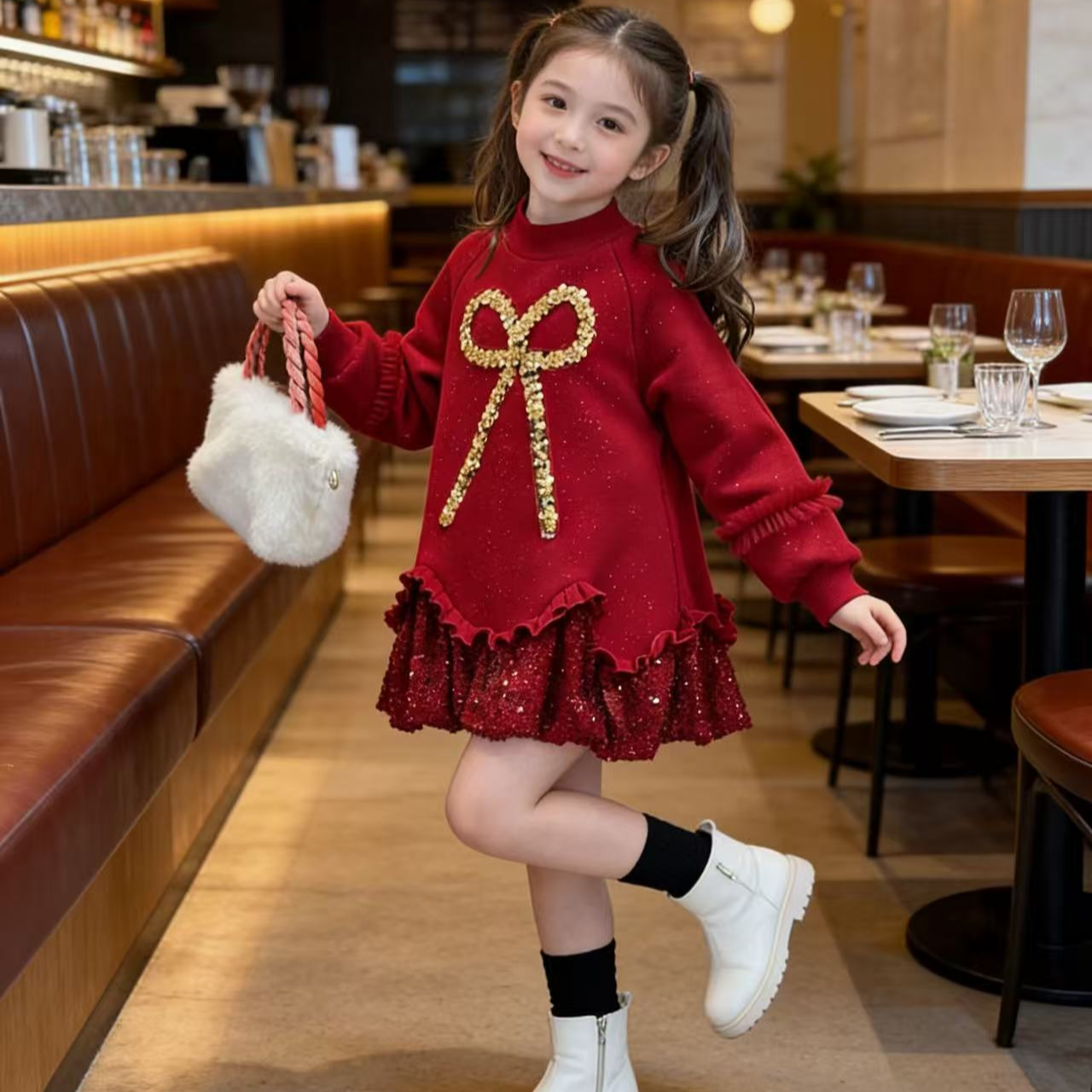 女童加绒连衣裙女孩公主新款红色洋气新年儿童小女孩亮片裙子拜年