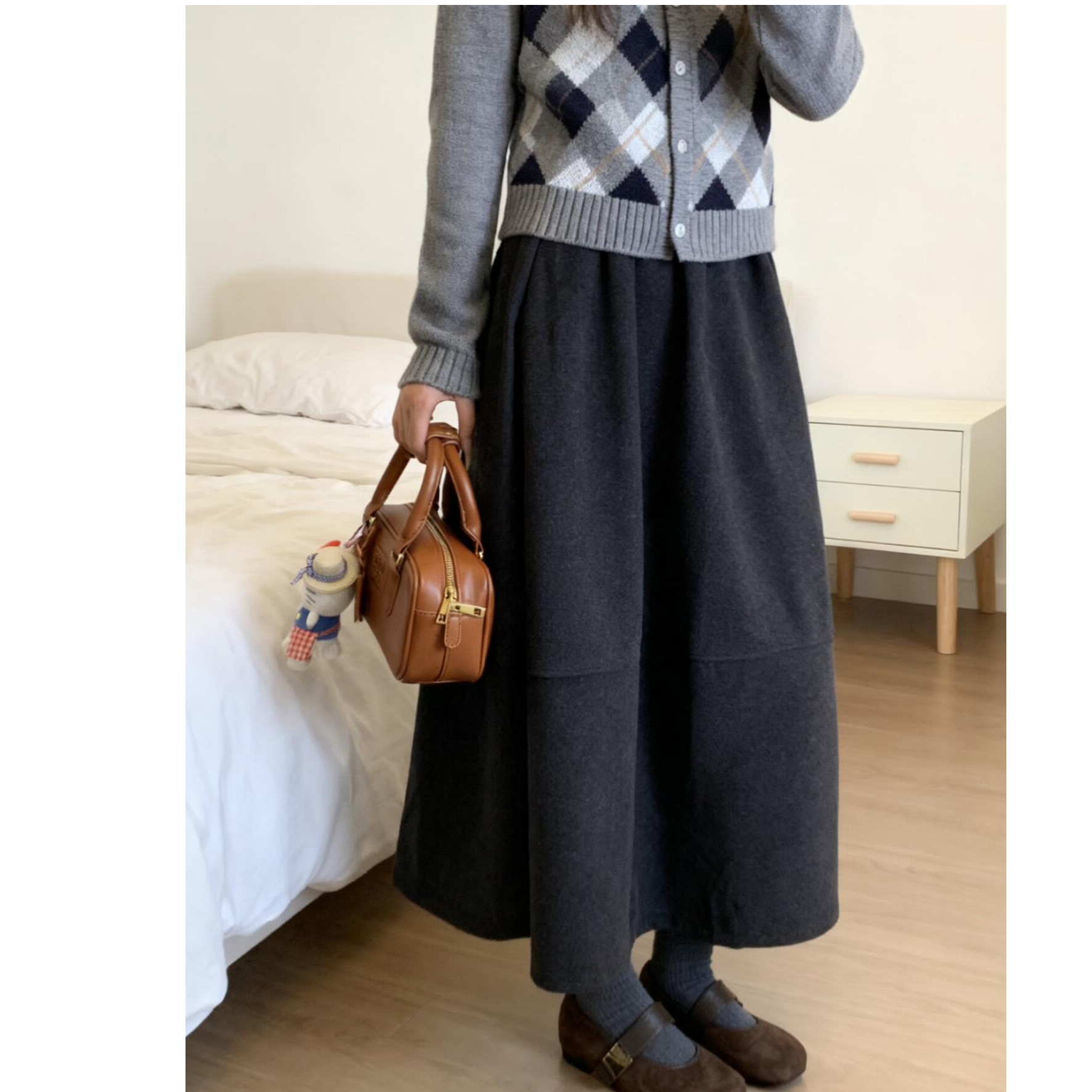 秋冬新款深灰色花苞毛呢半身裙大码女装微胖mm中长款蓬蓬气球伞裙