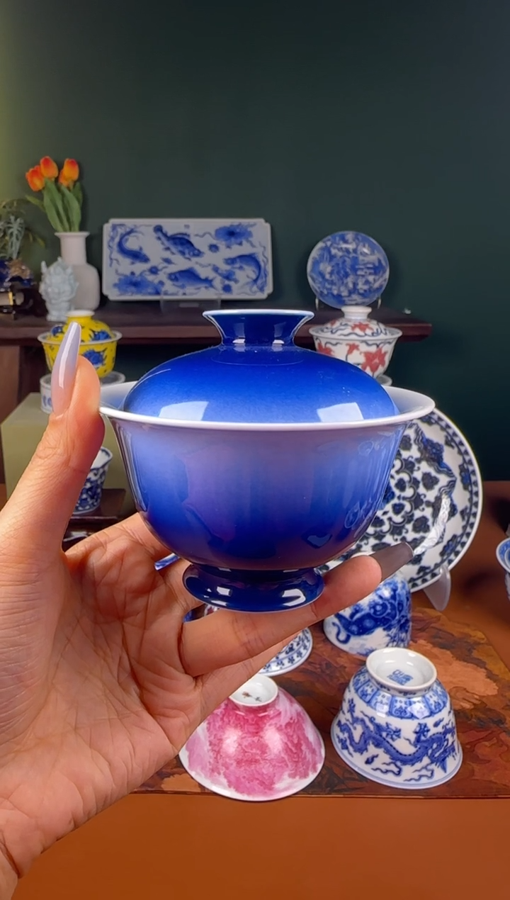 【闪购商品】杯初蓝舍。渐变色。盖碗。