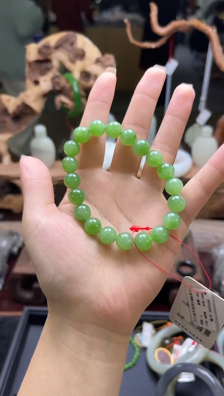 【闪购商品】和田玉手串未镶嵌卡10乌兰海苹果绿圆珠9003458