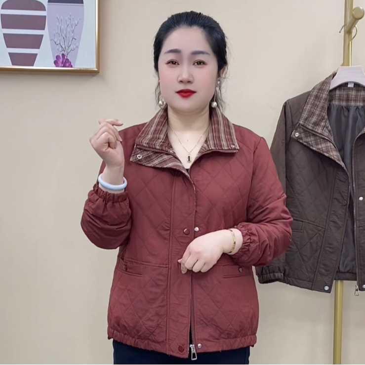 春秋新款加厚保暖时尚洋气格子方领拉链休闲外套5-12款