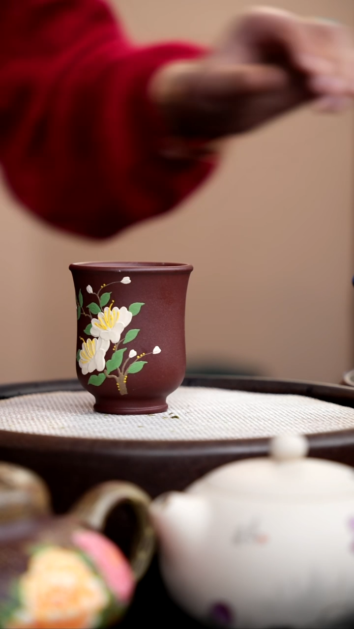 茶壶紫砂紫泥收腰杯双花