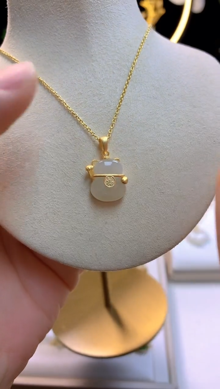 【闪购商品】和田玉吊坠银S925镀金镶嵌小猫