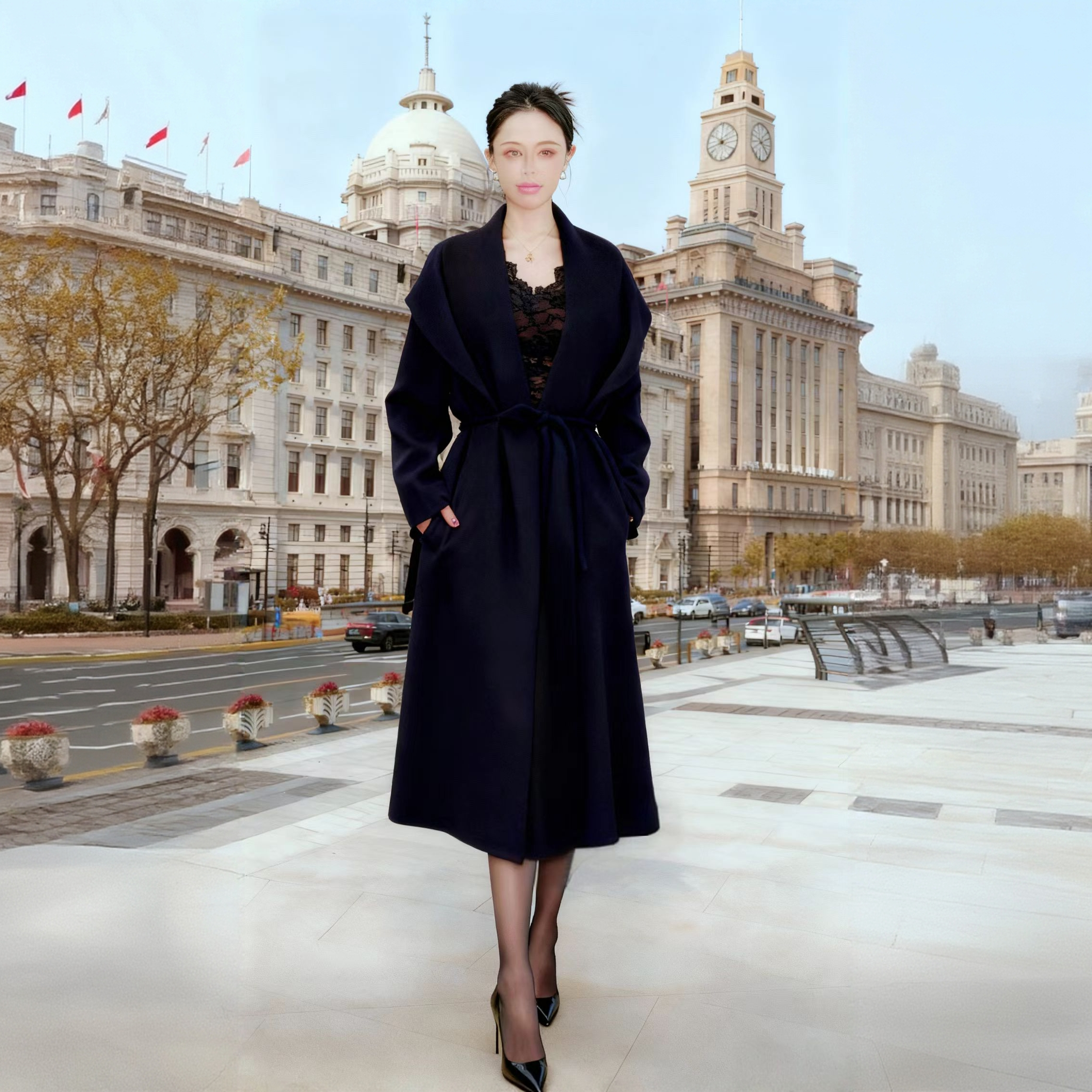 【牦牛绒+澳毛】海伦娜轻奢廓形大翻领秋冬长款女双面呢大衣外套