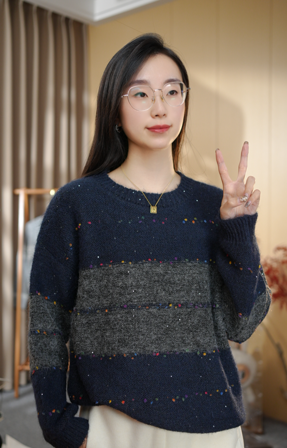 【彩豆厚款】秋冬新款毛衣女拼色长袖圆领针织慵懒风韩系套头