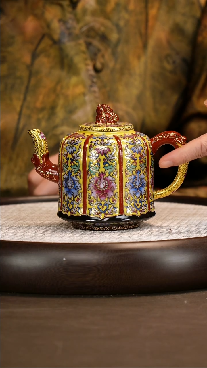 茶壶紫砂【鲍宜明】紫泥珐琅彩 双龙戏珠 460cc