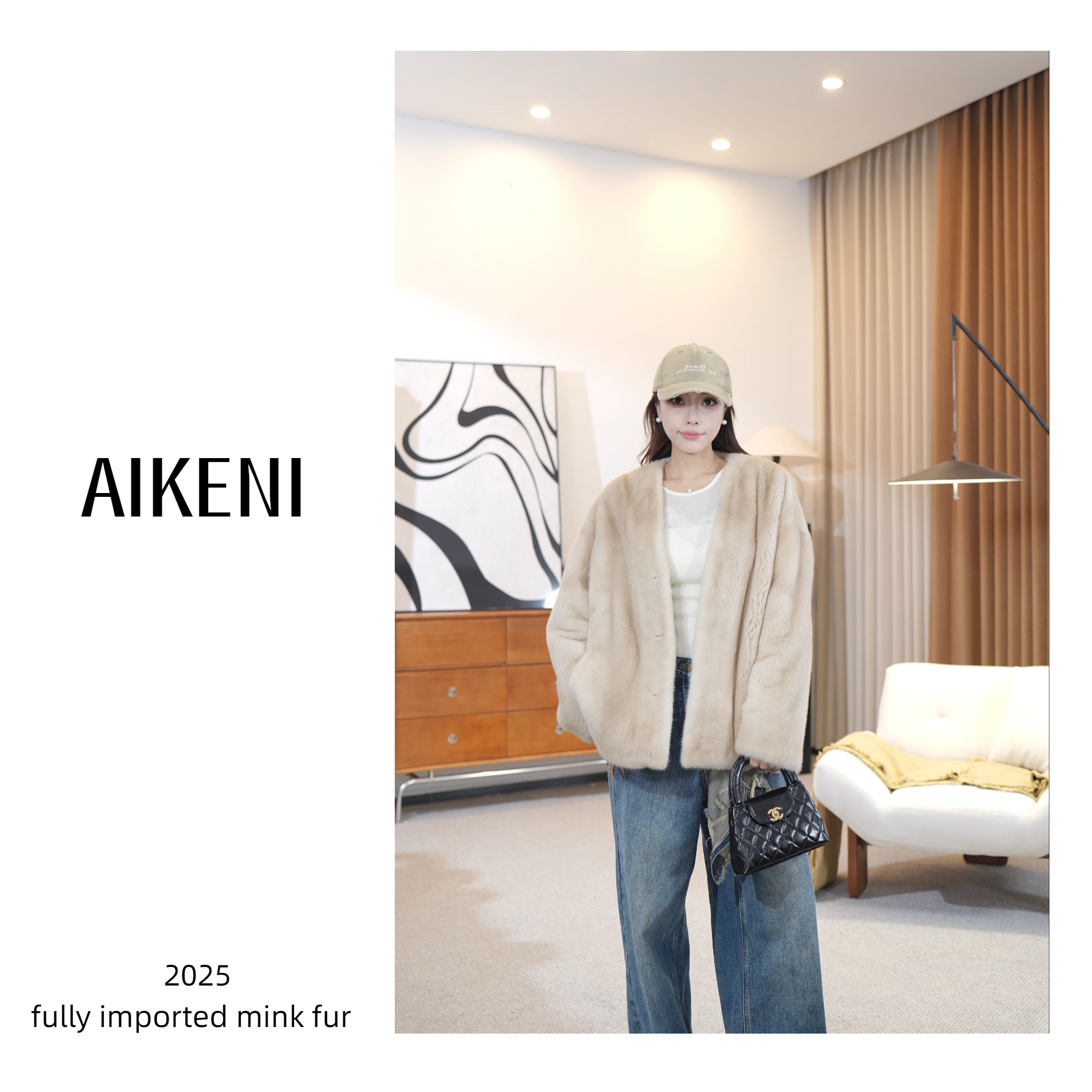 AIKENI【威尼斯恋人】进口意大利灰中长款水貂外套