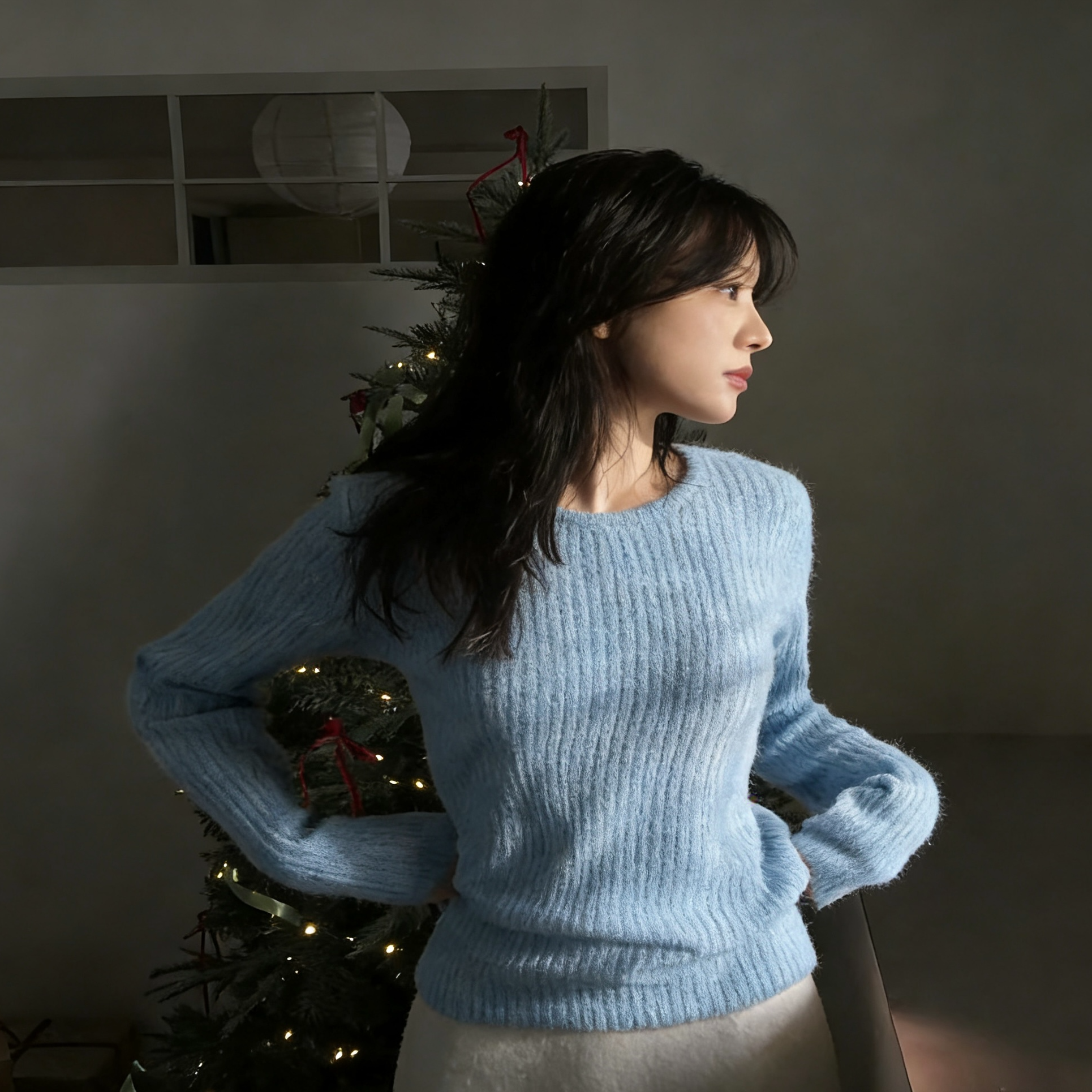 韩系穿搭ins博主种草收腰显瘦圆领微辣袖小某书爆款新款