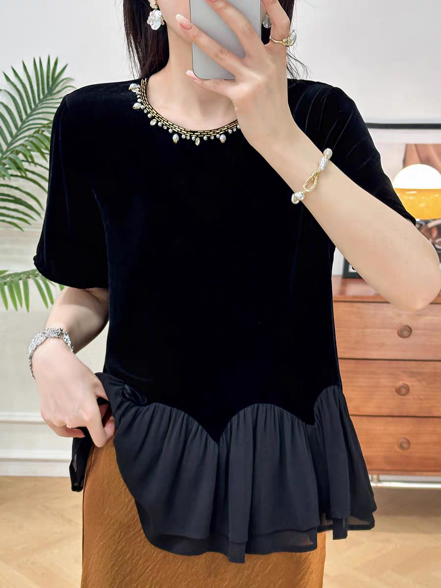 领口订珠真丝丝绒拼接上衣