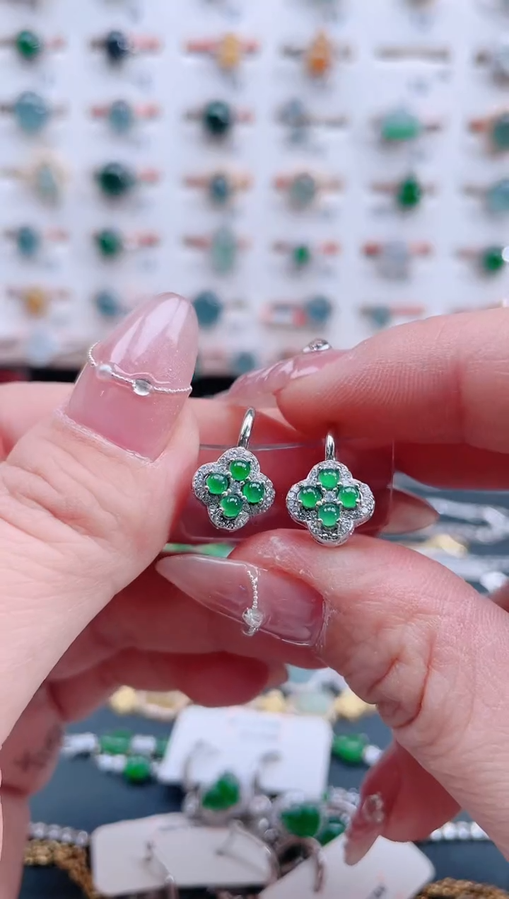 银S925镶嵌翡翠耳饰天然翡翠