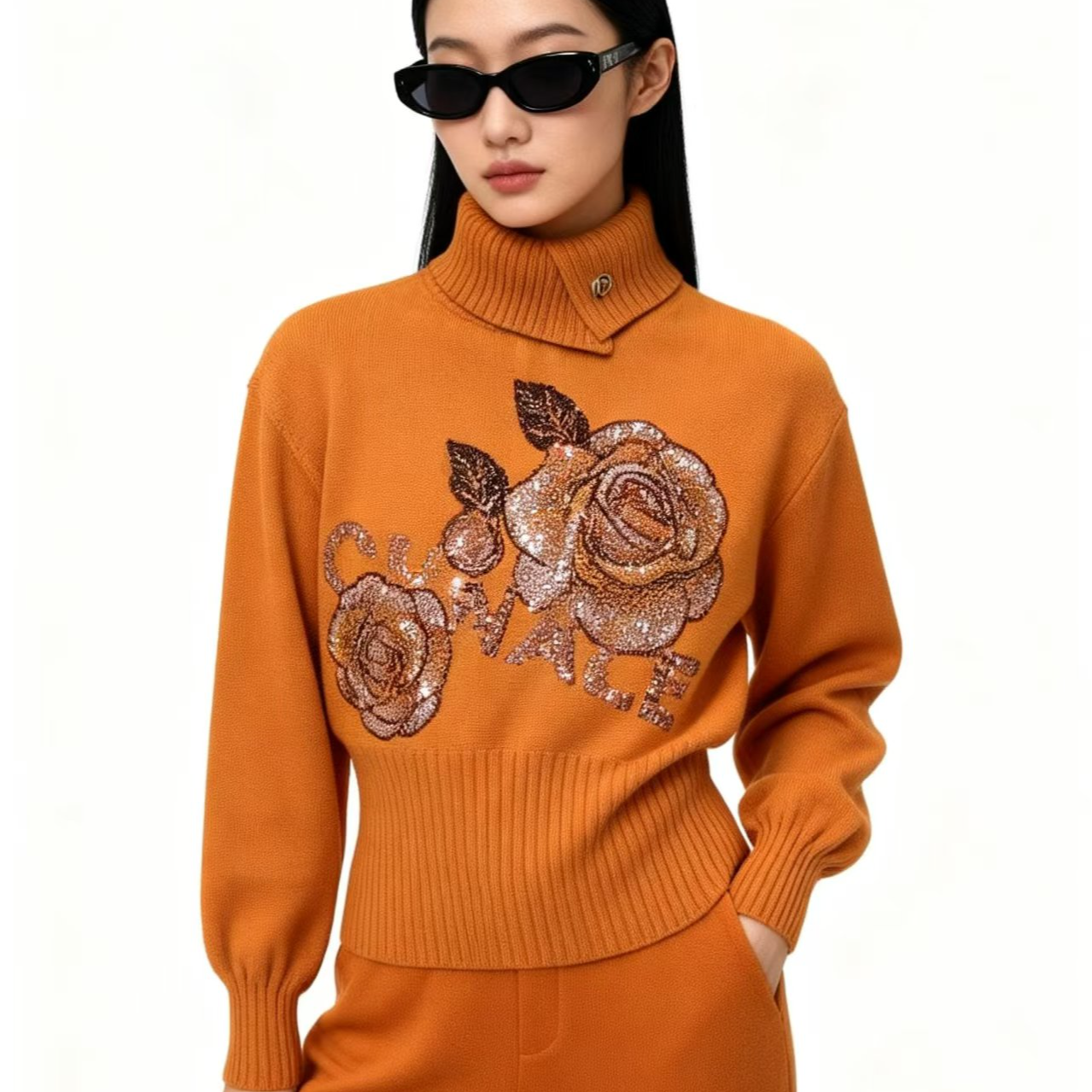 时尚长袖条纹烫钻高领针织衫毛衣-9644-A326