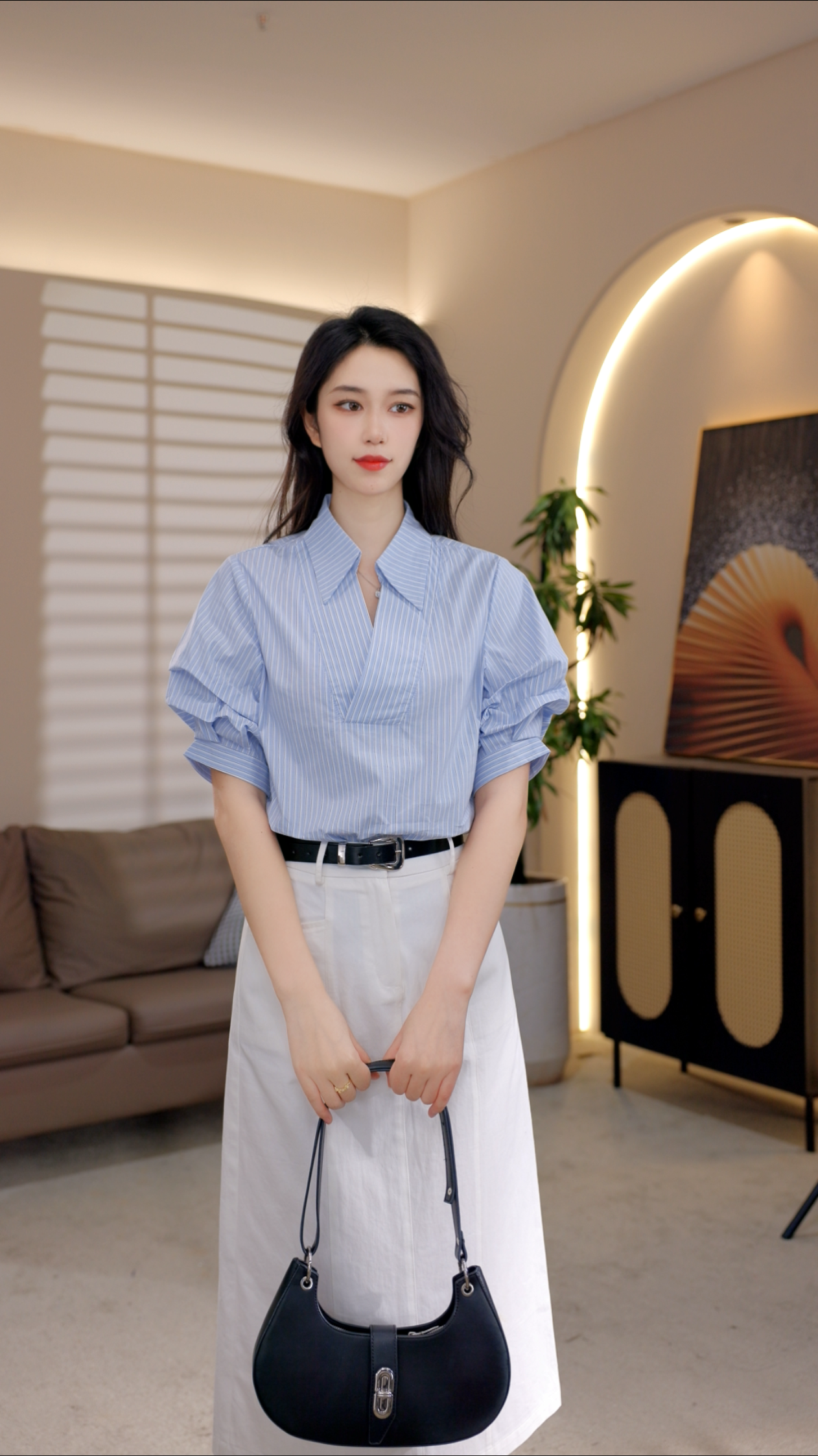 QH80457韩版宽松显瘦条纹翻领五分袖夏季新款气质通勤短袖上衣