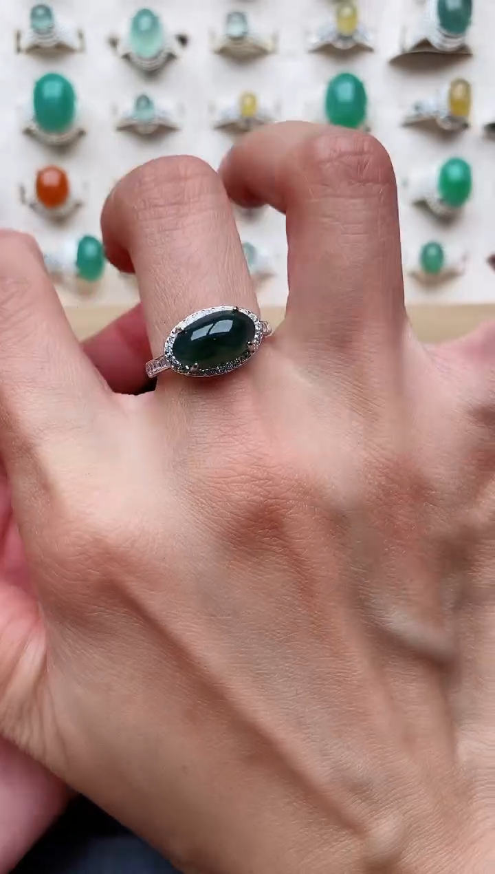 【闪购商品】翡翠戒指银S925镶嵌缅甸天然A货翡翠222   10-5