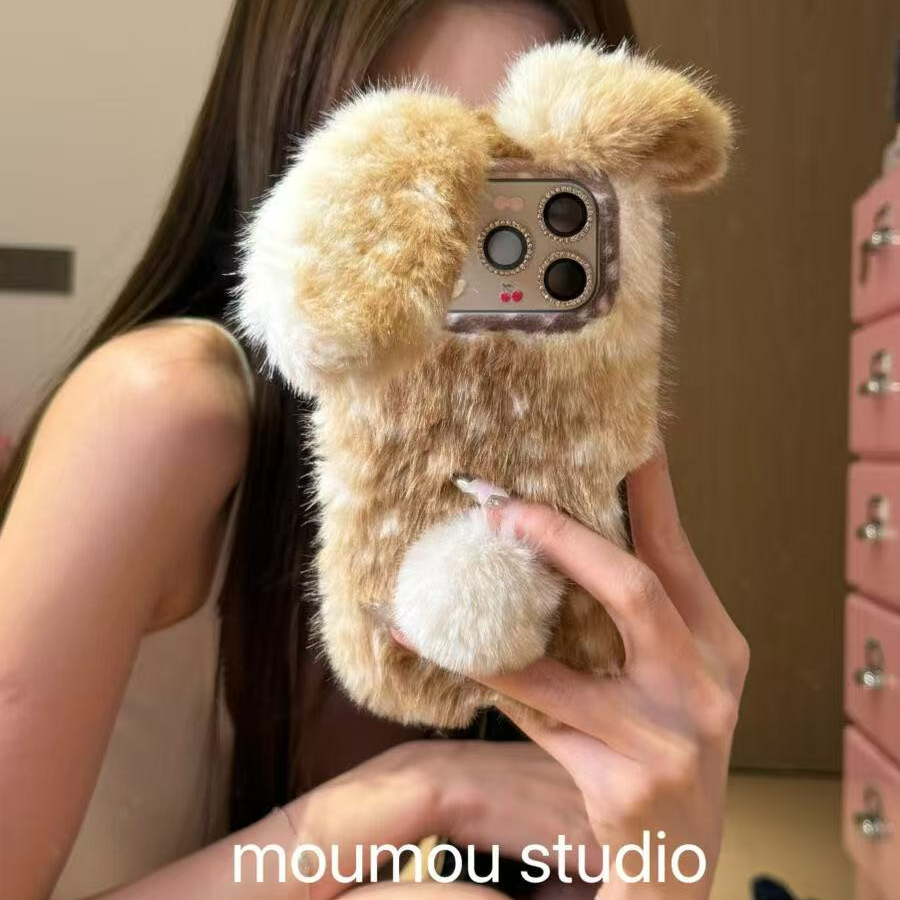 可爱鹿毛绒兔耳朵少女心手机壳适用于苹果17promax壳16保护套15