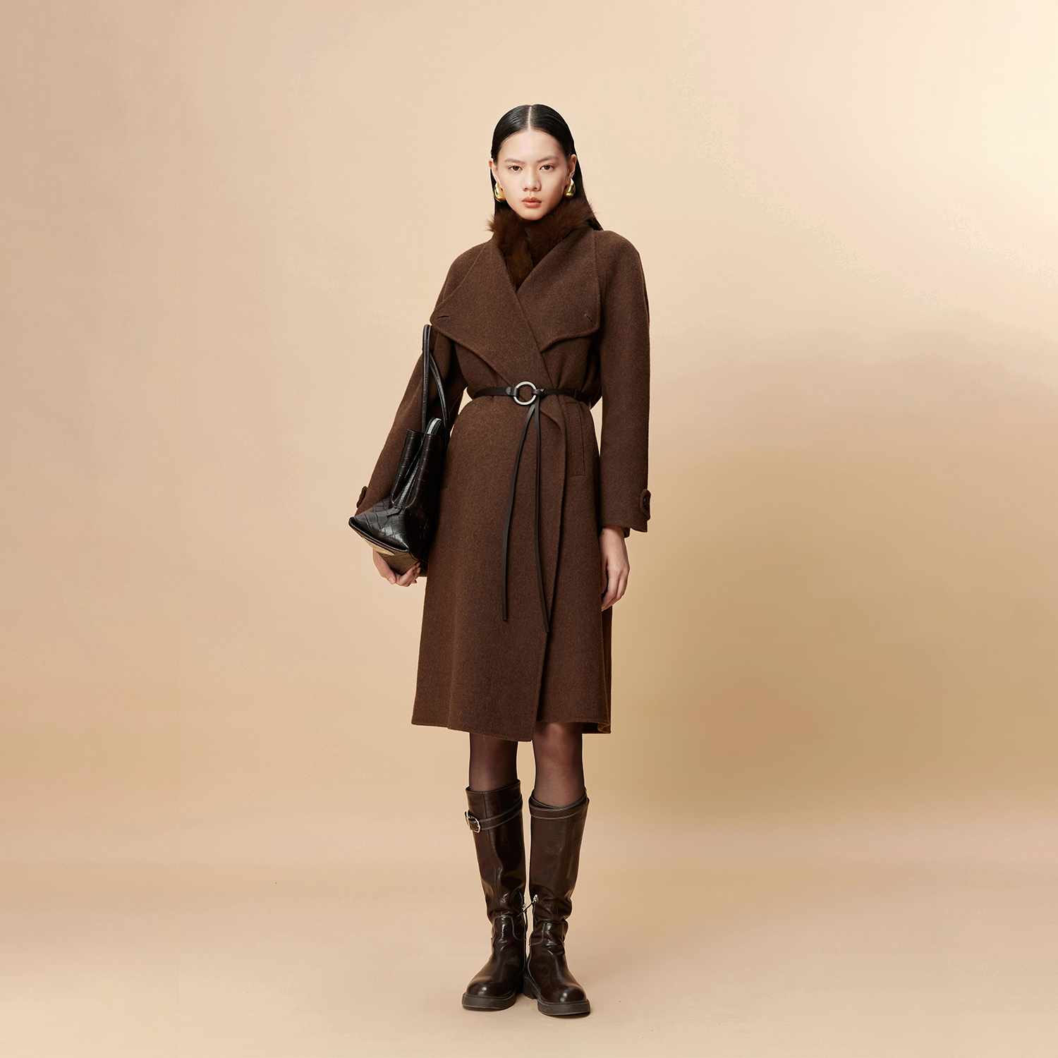 Vero Moda毛呢大衣女2025冬季新款纯绵羊毛腰带宽松大衣32544S002