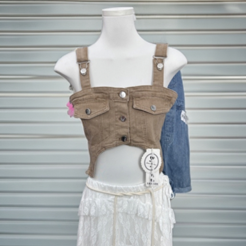 复古辣妹风短款单排扣修身显瘦牛仔吊带背心内搭上衣女