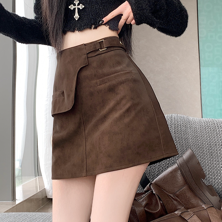 咖色辣妹不规则PU丝绒皮半身裙秋季新款复古高腰a字显瘦包臀短裙