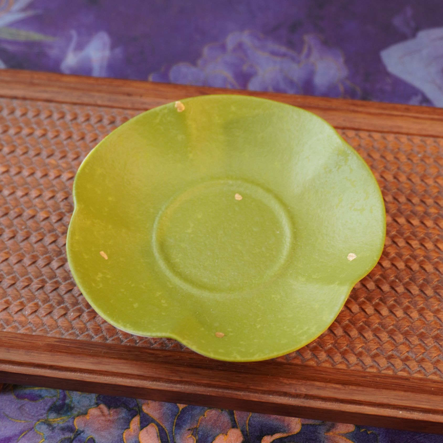 【洒金桂花花朵杯托】绿色复古陶瓷纯手工小盘点心盘