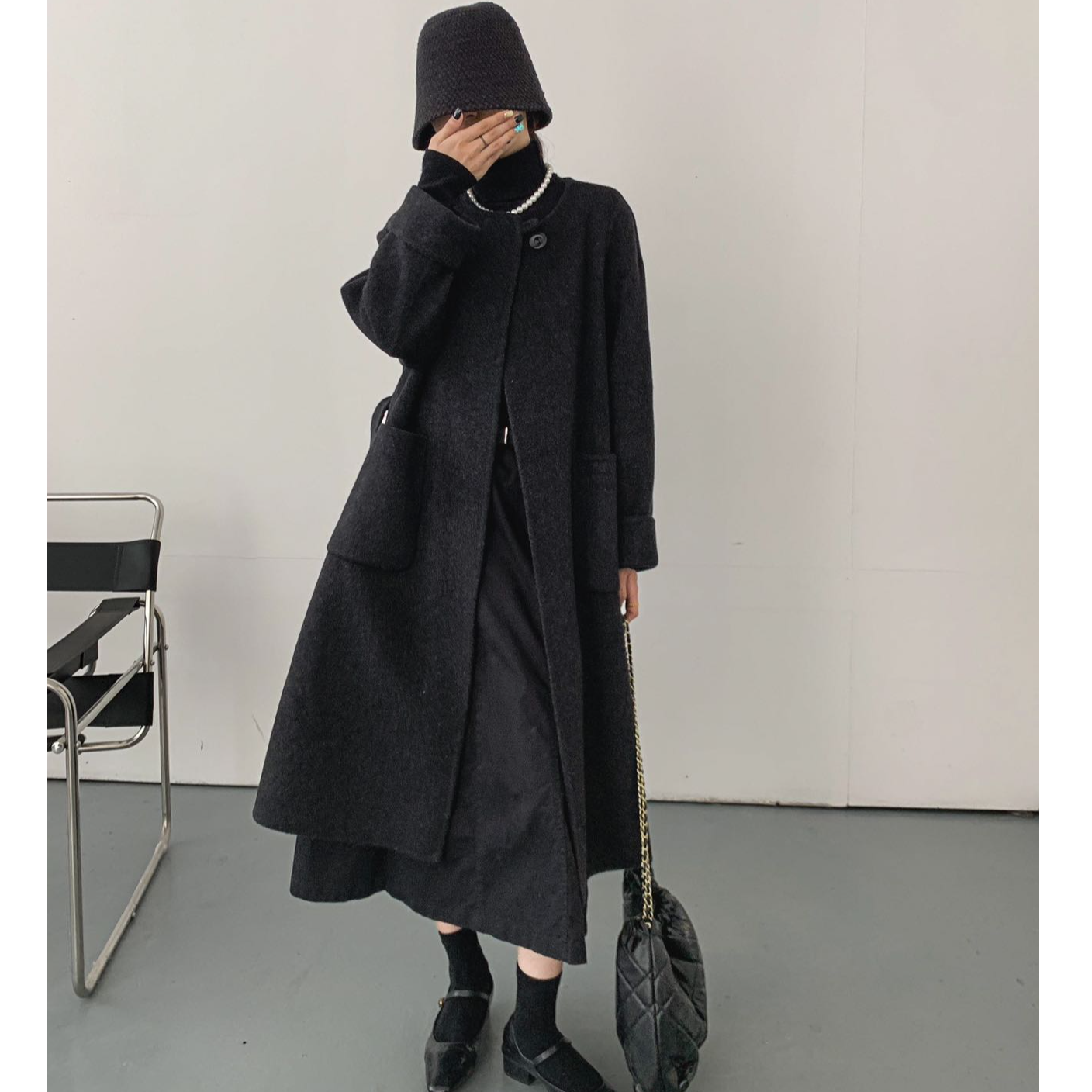 1061澳洲超细羊毛无领休闲长款双面呢大衣