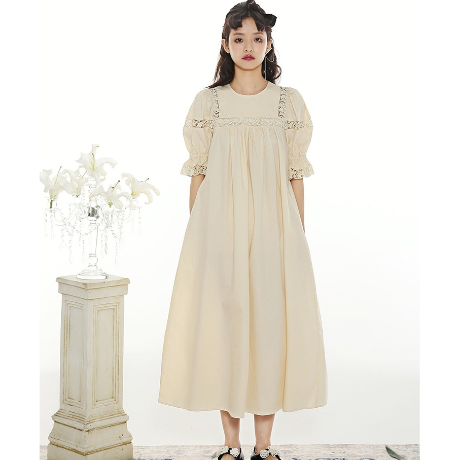 青5  SALTHe高腰长裙复古玫瑰蕾丝拼接泡泡袖连衣裙  STA21008