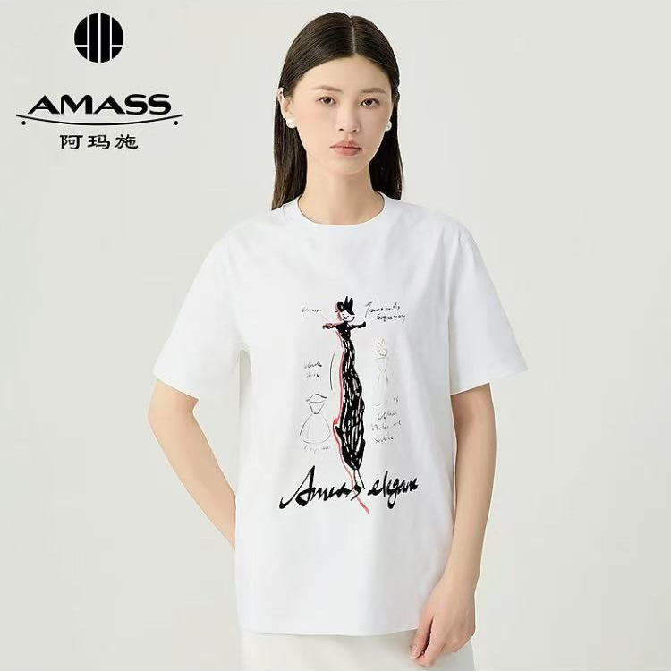 AMASS阿玛施品质新款经典百搭简约舒适印花休闲圆领T恤女士530092