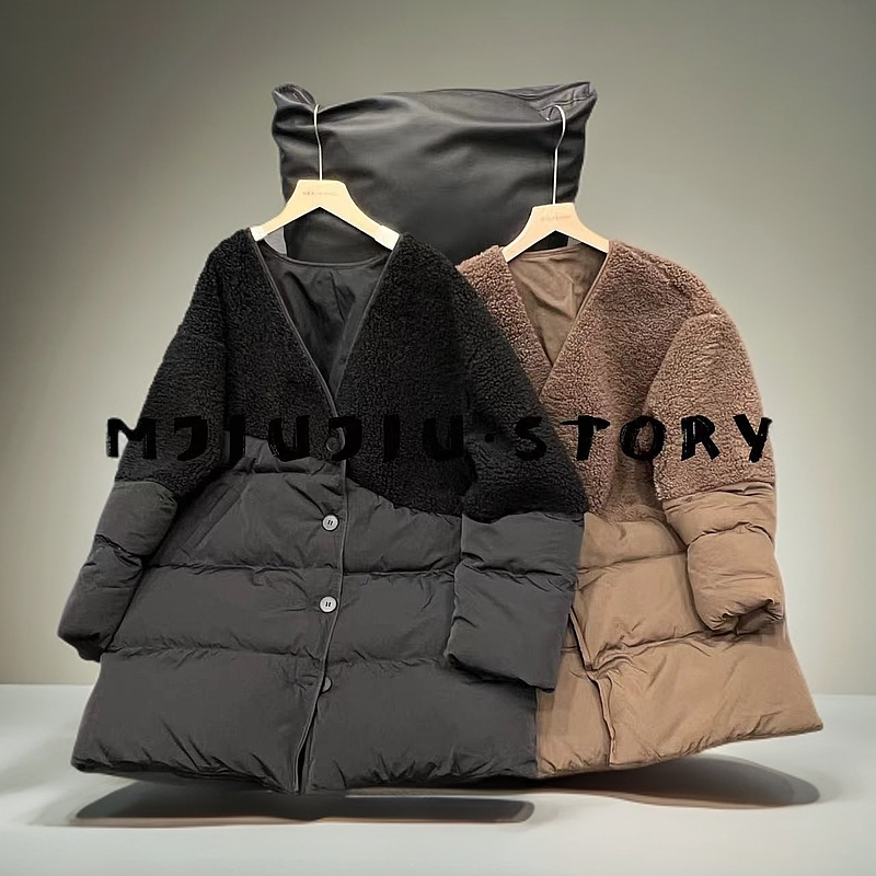 MJIUJIU 玖玖设计款时尚羊羔毛拼接长款棉衣秋冬棉服外套 9969