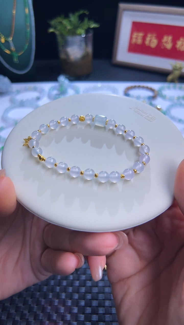足金镶嵌手串翡翠梦幻白月光！卡6圆珠设计款！种老起光！