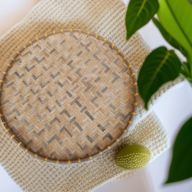 AA单个50公分绿条密边烟熏款圆形竹编家庭生活洗菜晾晒盘