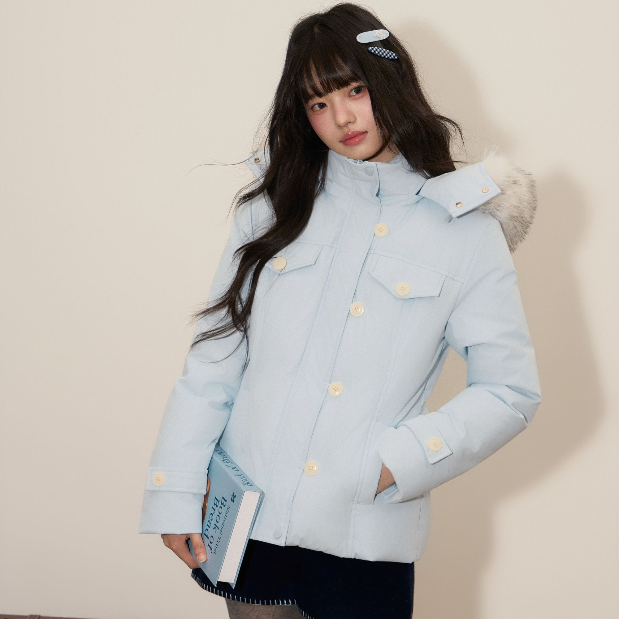 【90白鸭绒】umoumo乌蘑长款修身毛领羽绒服UMOWT141795