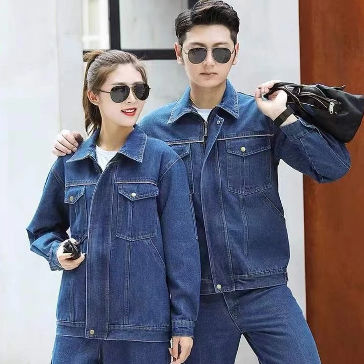 牛仔工作服套装男春秋加厚电焊工防服烫工地车间电网电工装劳保服