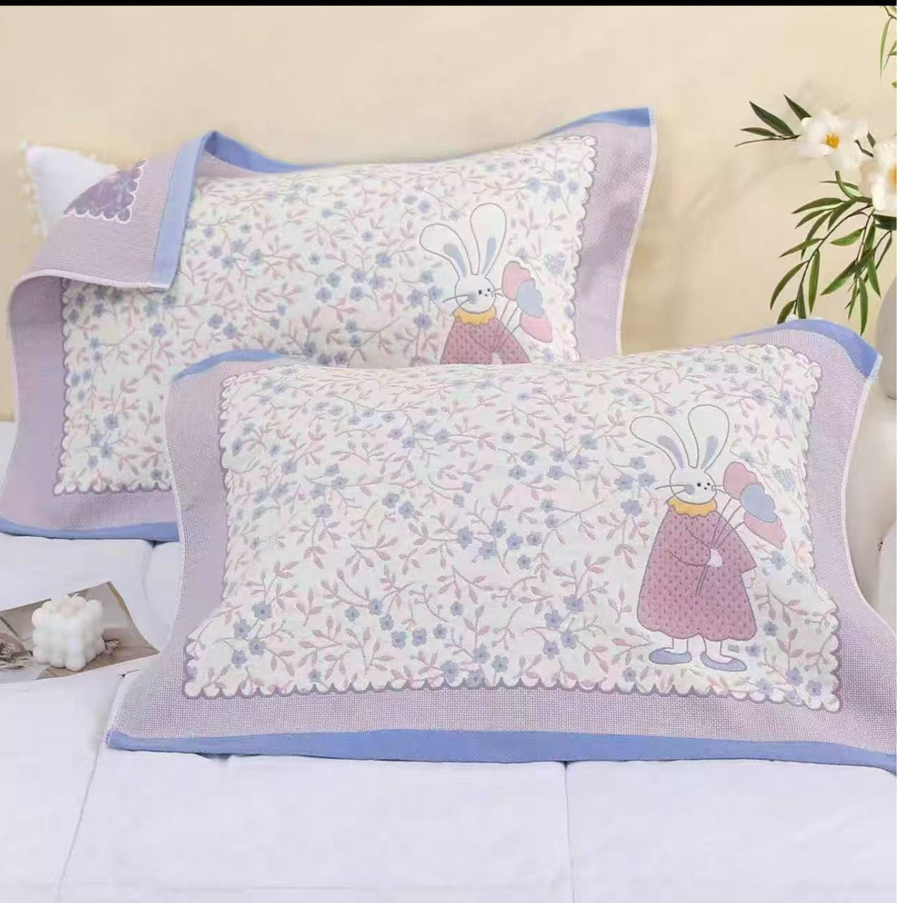 花园兔  蓝色  十层 精梳细沙枕巾棉纱布枕巾易洗全棉透气吸汗