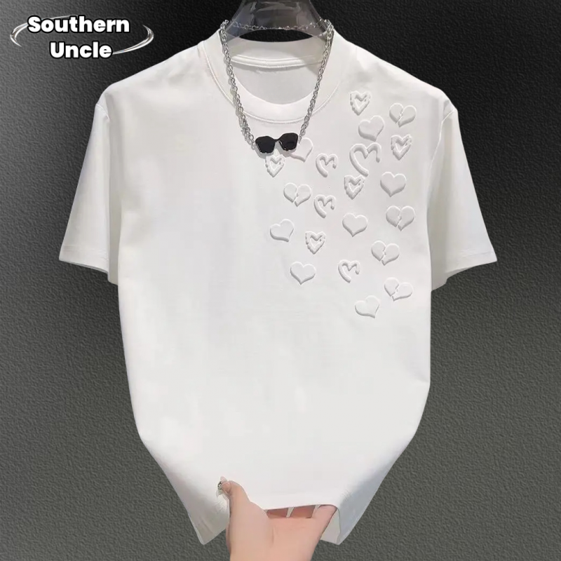 2025新款潮牌短袖t恤男立体钢印爱心设计款气质休闲圆领百搭上衣