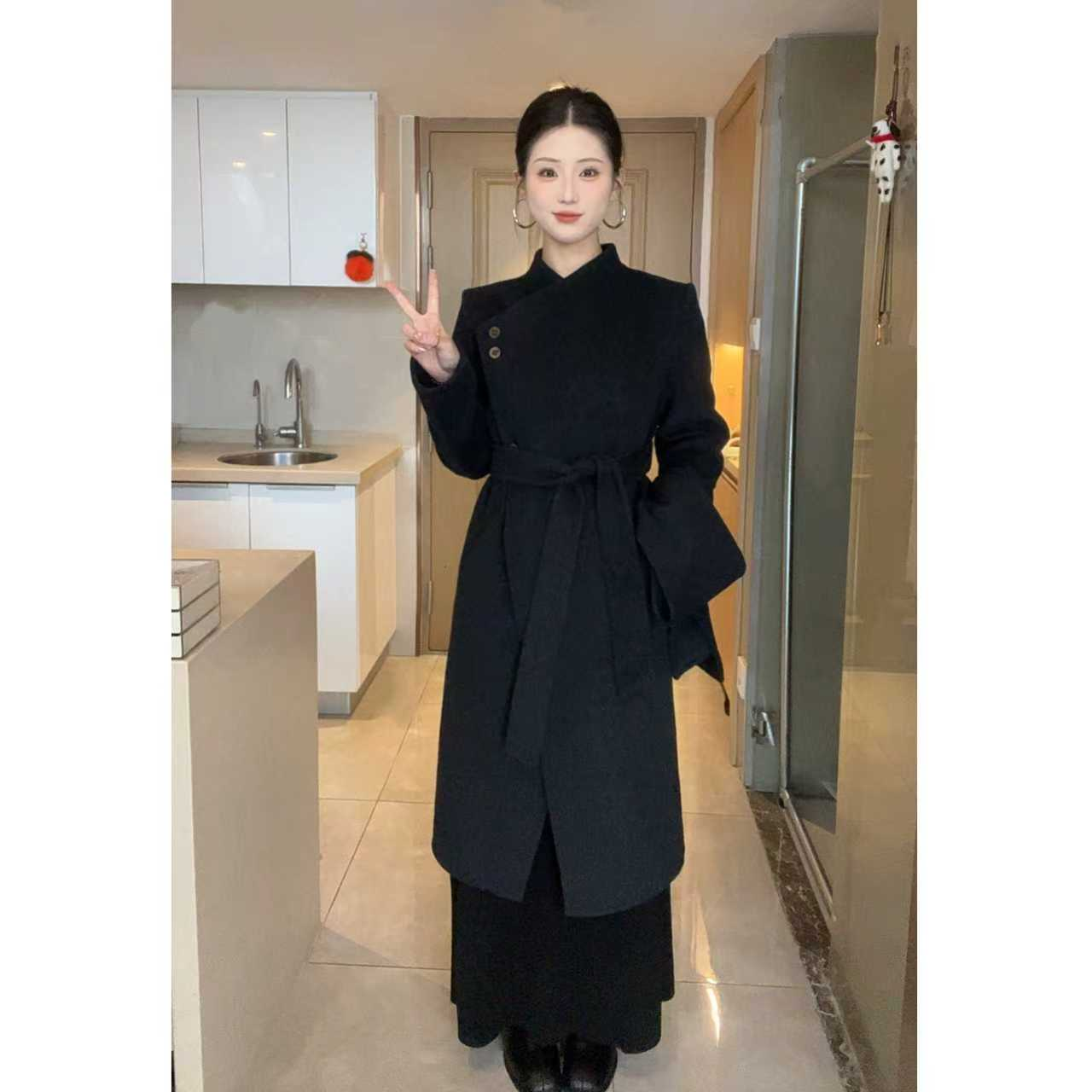 【思思专属】高级围脖款系带双面羊毛大衣秋冬时尚外套573