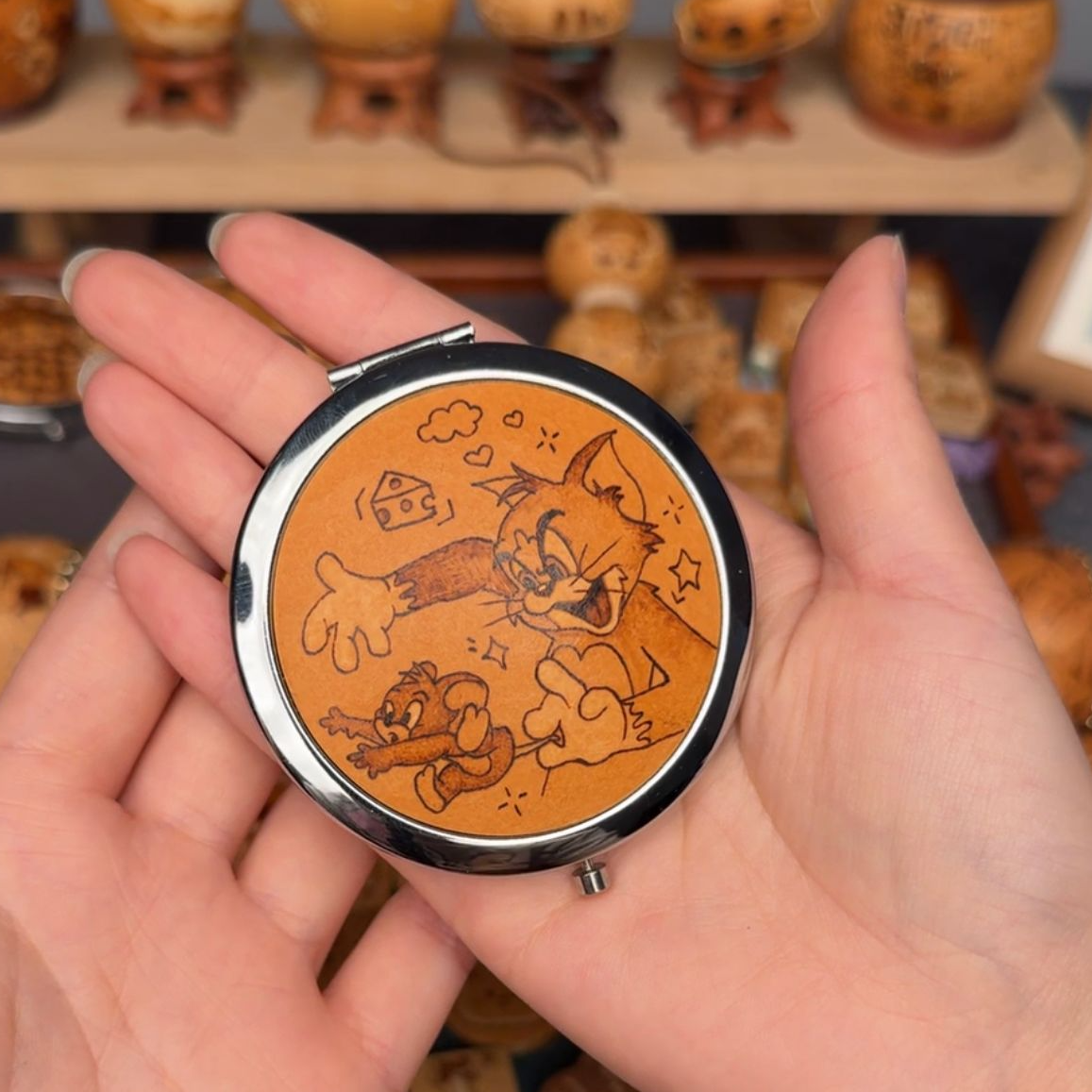 聊东昌葫芦创意化妆镜可爱diy手工烙画茶叶罐摆件一物一拍